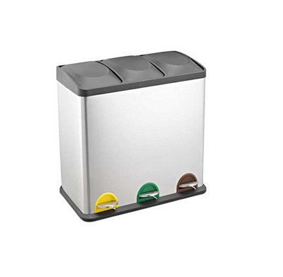 EVRE 60L Recycling Stainless Steel Waste Bin Silver 3 Compartment with Pedal Soft Close Removable Compartment and Non Slip Base