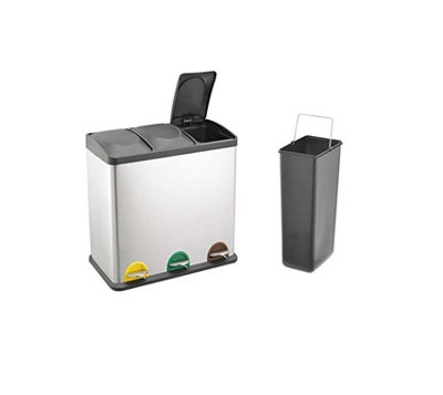 EVRE 60L Recycling Stainless Steel Waste Bin Silver 3 Compartment with Pedal Soft Close Removable Compartment and Non Slip Base