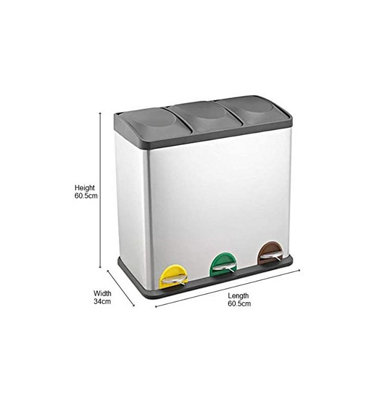 EVRE 60L Recycling Stainless Steel Waste Bin Silver 3 Compartment with Pedal Soft Close Removable Compartment and Non Slip Base - 4