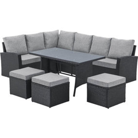 EVRE 9 Seat Marylin Corner Sofa & Dining Rattan Garden Furniture Set for Indoor Outdoor Patios Gardens Conservatories Black