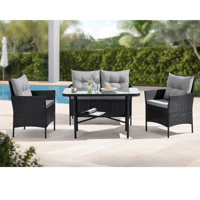 EVRE Anthracite Florence Garden Rattan Furniture Dining Set 4 Piece Seat Sofa Chair Outdoor Wicker Glass Top Table with Cushions