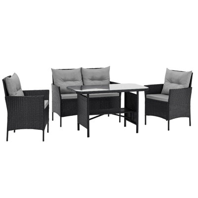 EVRE Anthracite Florence Garden Rattan Furniture Dining Set 4 Piece Seat Sofa Chair Outdoor Wicker Glass Top Table with Cushions
