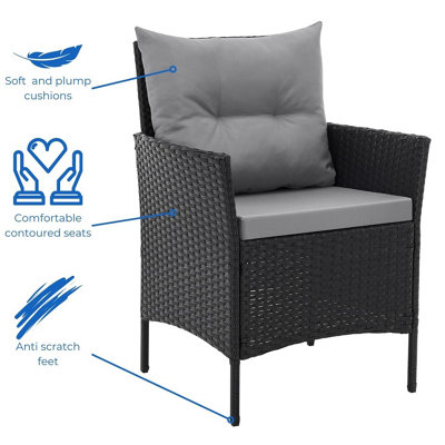 EVRE Anthracite Florence Garden Rattan Furniture Dining Set 4 Piece Seat Sofa Chair Outdoor Wicker Glass Top Table with Cushions - 3