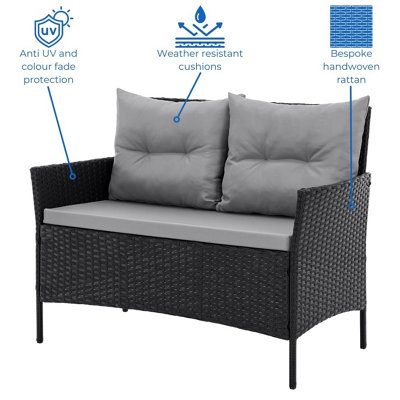 EVRE Anthracite Florence Garden Rattan Furniture Dining Set 4 Piece Seat Sofa Chair Outdoor Wicker Glass Top Table with Cushions - 4