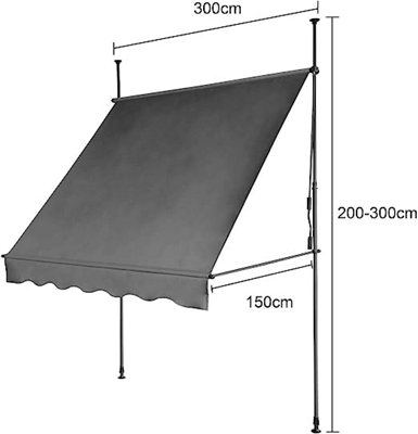 EVRE Balcony 3 x 1.5m Manual Adjustable Clamp Awning  Sun Shade Shelter Anti-UV, Waterproof-Dark Grey