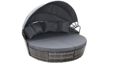 EVRE Bali Mixed Grey 3 Piece Modular Round Rattan Wicker Patio Garden Furniture Daybed Sun Lounger Set with Extendable Canopy