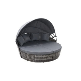 EVRE Bali Mixed Grey 3 Piece Modular Round Rattan Wicker Patio Garden Furniture Daybed Sun Lounger Set with Extendable Canopy