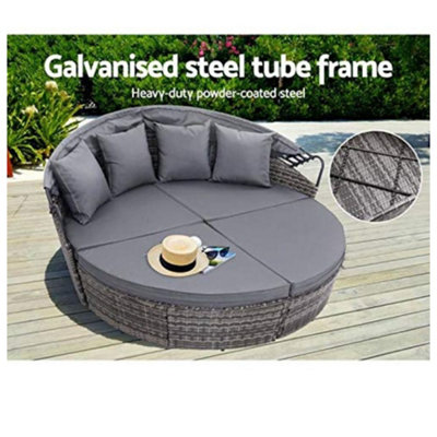 EVRE Bali Mixed Grey 3 Piece Modular Round Rattan Wicker Patio Garden Furniture Daybed Sun Lounger Set with Extendable Canopy