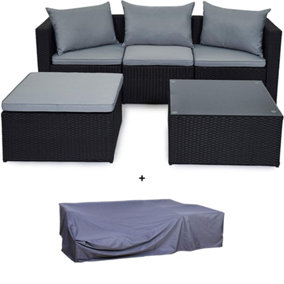 Evre Black 4 Seat Rattan Outdoor Garden Furniture Set - Malaga with Coffee Table and Weatherproof Cover - FREE NEXT-DAY DELIVERY