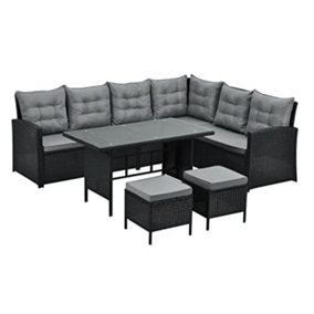 EVRE Black 8 Seater Garden Rattan Furniture Corner Dining Set - Monroe with Table Sofa Bench Stool and Weatherproof Cover