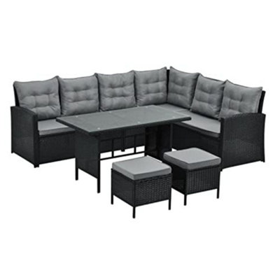 EVRE Black 8 Seater Garden Rattan Furniture Corner Dining Set - Monroe with Table Sofa Bench Stool