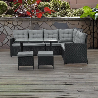 EVRE Black 8 Seater Garden Rattan Furniture Corner Dining Set - Monroe with Table Sofa Bench Stool