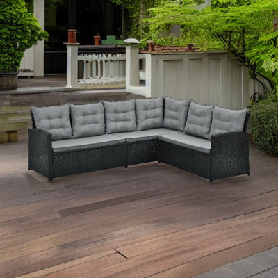 EVRE Black 8 Seater Garden Rattan Furniture Corner Dining Set - Monroe with Table Sofa Bench Stool - 3