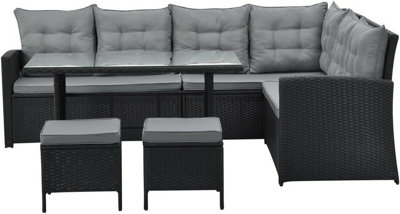 EVRE Black 8 Seater Garden Rattan Furniture Corner Dining Set - Monroe with Table Sofa Bench Stool - 7
