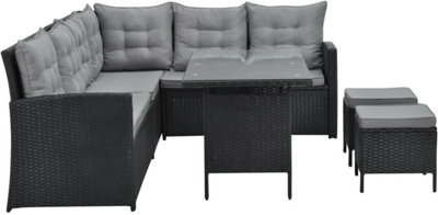 EVRE Black 8 Seater Garden Rattan Furniture Corner Dining Set - Monroe with Table Sofa Bench Stool - 8