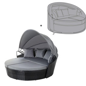 EVRE Black Bali Day Bed Outdoor Garden Furniture Set With Canopy & Cover - FREE NEXT-DAY DELIVERY