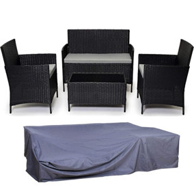 EVRE Black Madrid Rattan Garden Furniture Set Patio Conservatory Indoor Outdoor 4 piece set and Cover