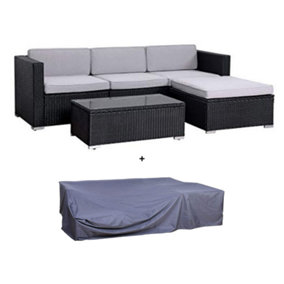 EVRE Black Rattan Outdoor Garden Furniture Set 4 Seater California Sofa Set with Coffee Table with cover - FREE NEXT-DAY DELIVERY