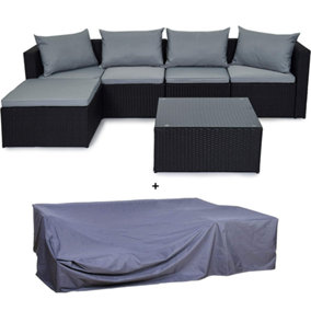 Evre Black Rattan Outdoor Garden Furniture Set Miami Sofa Coffee Table, Foot Stool Rattan & Premium Cover - FREE NEXT-DAY DELIVERY