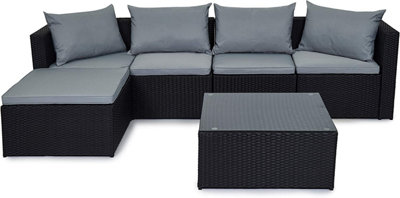 Evre Black Rattan Outdoor Garden Furniture Set Miami Sofa Coffee Table, Foot Stool Rattan  with Premium Cover