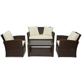EVRE Brown 4 Seater Rattan Garden Furniture Sofa Armchair Set Roma with Coffee Table