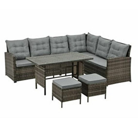 EVRE Brown 8 Seater Garden Rattan Furniture Corner Dining Set -Monroe with Table Sofa Bench Stool