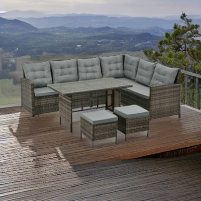 EVRE Brown 8 Seater Garden Rattan Furniture Corner Dining Set -Monroe with Table Sofa Bench Stool