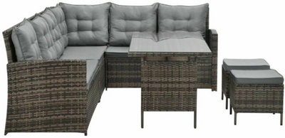 EVRE Brown 8 Seater Garden Rattan Furniture Corner Dining Set -Monroe with Table Sofa Bench Stool - 4