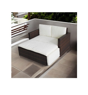 EVRE Brown Lovebed 2 Seat Rattan Garden Furniture Patio Outdoor Sofa Set with Cushions Adjustable Footstool & Weatherproof Cover