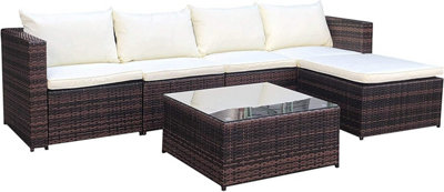 EVRE Brown Rattan Outdoor Garden Furniture Set Miami Sofa Coffee Table, Foot Stool Rattan