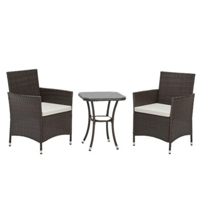 EVRE Copenhagen Brown Outdoor Rattan Garden Bistro Set 3 Piece Wicker Table and Chairs Furniture with Cushions Glass Coffee Table