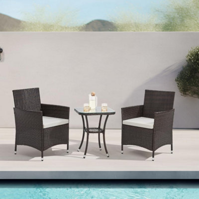EVRE Copenhagen Brown Outdoor Rattan Garden Bistro Set 3 Piece Wicker Table and Chairs Furniture with Cushions Glass Coffee Table