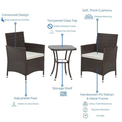 EVRE Copenhagen Brown Outdoor Rattan Garden Bistro Set 3 Piece Wicker Table and Chairs Furniture with Cushions Glass Coffee Table - 3