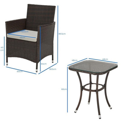 EVRE Copenhagen Brown Outdoor Rattan Garden Bistro Set 3 Piece Wicker Table and Chairs Furniture with Cushions Glass Coffee Table - 4