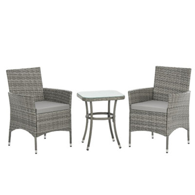 EVRE Copenhagen Grey Outdoor Rattan Garden Bistro Set 3 Piece Wicker Table and Chairs Furniture with Cushions Glass Coffee Table