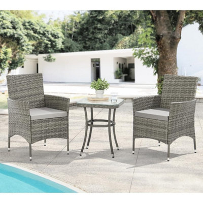 EVRE Copenhagen Grey Outdoor Rattan Garden Bistro Set 3 Piece Wicker Table and Chairs Furniture with Cushions Glass Coffee Table