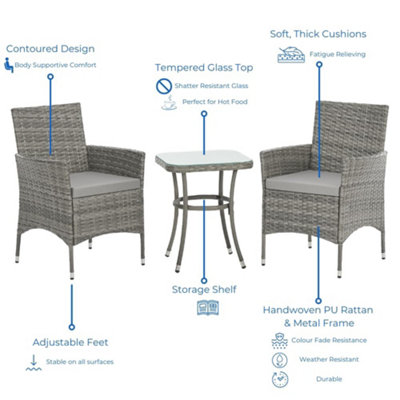 EVRE Copenhagen Grey Outdoor Rattan Garden Bistro Set 3 Piece Wicker Table and Chairs Furniture with Cushions Glass Coffee Table - 3