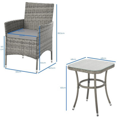 EVRE Copenhagen Grey Outdoor Rattan Garden Bistro Set 3 Piece Wicker Table and Chairs Furniture with Cushions Glass Coffee Table - 4