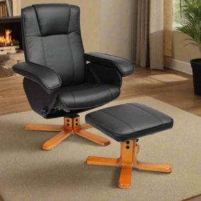 EVRE Faux Leather Armchair With Foot Stool & Reclining Functions Swivel Padded - Black, Armchair - FREE NEXT-DAY DELIVERY