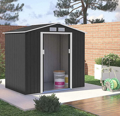 EVRE Garden Shed 6x4ft Dark Grey with Apex Roof Sliding Doors Weather Resistant Paint & Vents