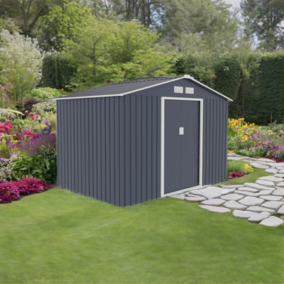 EVRE Garden Shed 6x8ft Dark Grey with Apex Roof Sliding Doors Weather Resistant Paint & Vents