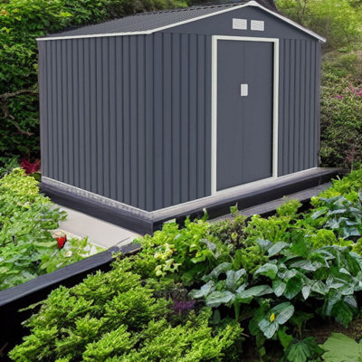 EVRE Garden Shed 6x8ft Dark Grey with Apex Roof Sliding Doors Weather Resistant Paint & Vents