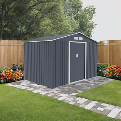 EVRE Garden Shed 6x8ft Dark Grey with Apex Roof Sliding Doors Weather Resistant Paint & Vents