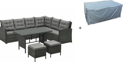 EVRE Grey 8 Seater Garden Rattan Furniture Corner Dining Set -Monroe with Table Sofa Bench Stool and Weatherproof Cover