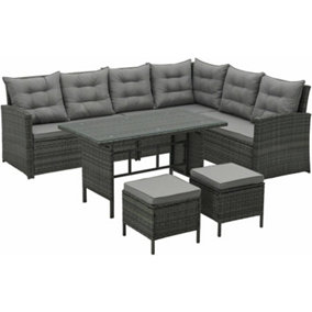 EVRE Grey 8 Seater Garden Rattan Furniture Corner Dining Set -Monroe with Table Sofa Bench Stool and Weatherproof Cover