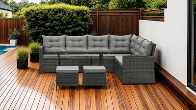 EVRE Grey 8 Seater Garden Rattan Furniture Corner Dining Set -Monroe with Table Sofa Bench Stool and Weatherproof Cover
