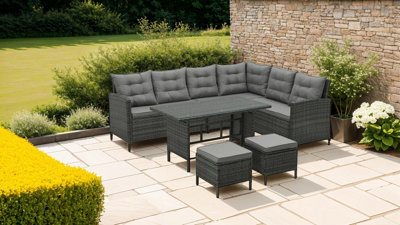 EVRE Grey 8 Seater Garden Rattan Furniture Corner Dining Set -Monroe with Table Sofa Bench Stool and Weatherproof Cover - 7