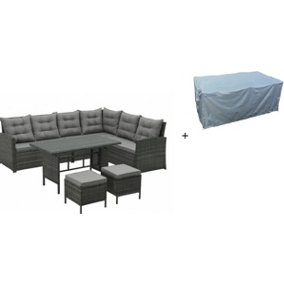 EVRE Grey 8 Seater Garden Rattan Furniture Corner Dining Set -Monroe with Table Sofa Bench Stool & Cover - FREE NEXT DAY DELIVERY