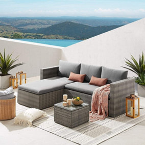 EVRE Grey Malibu Rattan 3 Pc Garden Furniture Set and Coffee Table Patio Conservatory Indoor & Outdoor with Cushions & Cover