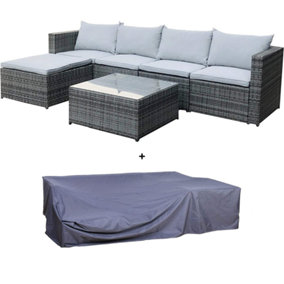 EVRE Grey Rattan Outdoor Garden Furniture Set Miami Sofa Coffee Table, Foot Stool Rattan & Premium Cover - FREE NEXT-DAY DELIVERY